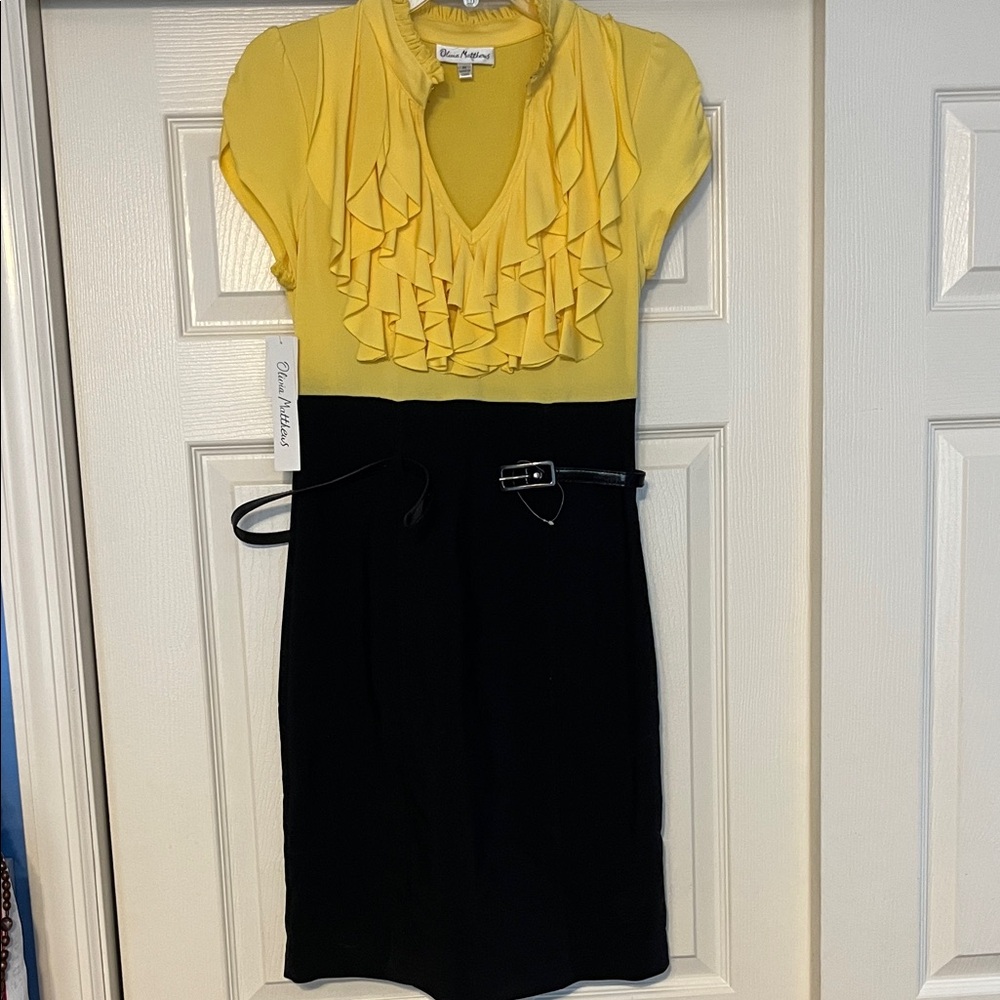Olivia Matthews Yellow and Black Ruffle Midi Dress